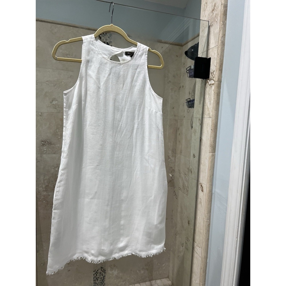 Tommy Bahama Womens XS White Linen Shift Dress Pockets Frayed Hem Sleeveless